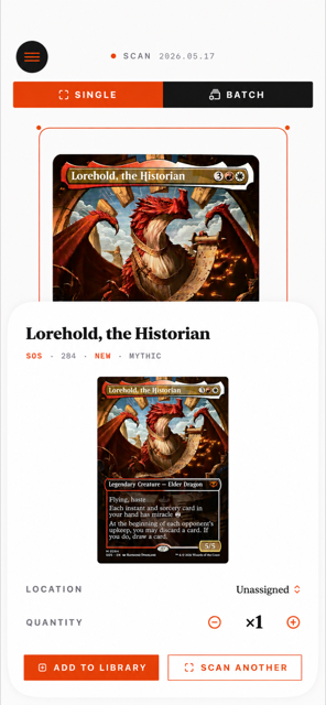 Archivist on iPhone — single and batch card scanning with instant recognition